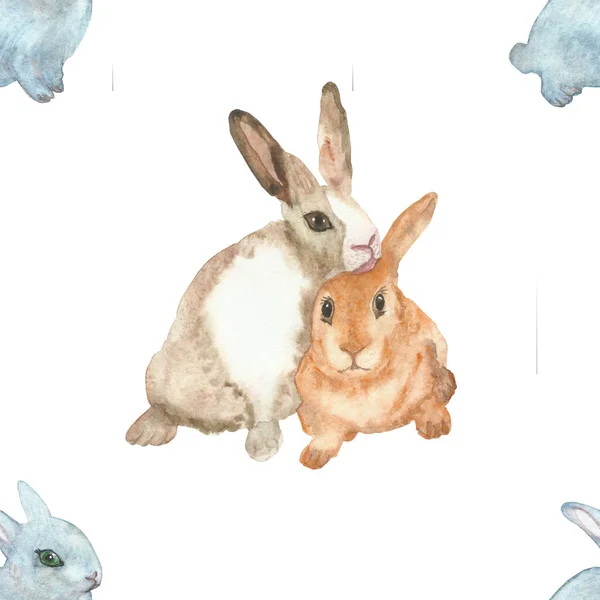 水彩手描きの自然動物のシームレスなパターン小さな青とベージュと白の背景に隔離されたウサギの家族構成のオレンジのペア デザインのためのイースターペットのプリント — ストック写真