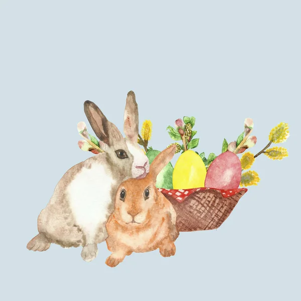Acquerello Dipinto Mano Natura Pasqua Composizione Vacanza Con Coppia Conigli — Foto Stock