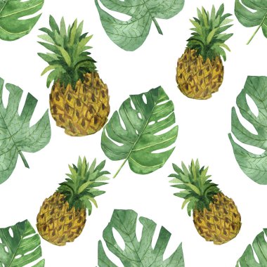 Suluboya el, doğayı boyamış. Sarı ananas meyvesi ve yeşil palmiye yaprakları beyaz arka planda izole edilmiş, tasarım elementleri ve kartlar için egzotik izler içeren taze tropikal desenler.