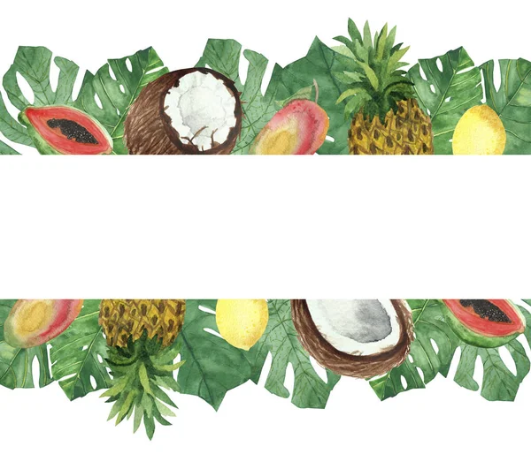Aquarell Handbemalte Natur Tropisch Frische Bannerkomposition Mit Kokosnuss Mango Papaya — Stockfoto