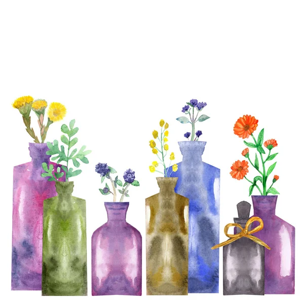 Цветочная Композиция Фиолетовыми Синими Зелеными Стеклянными Бутылками Травяными Календулами Лавандой — стоковое фото