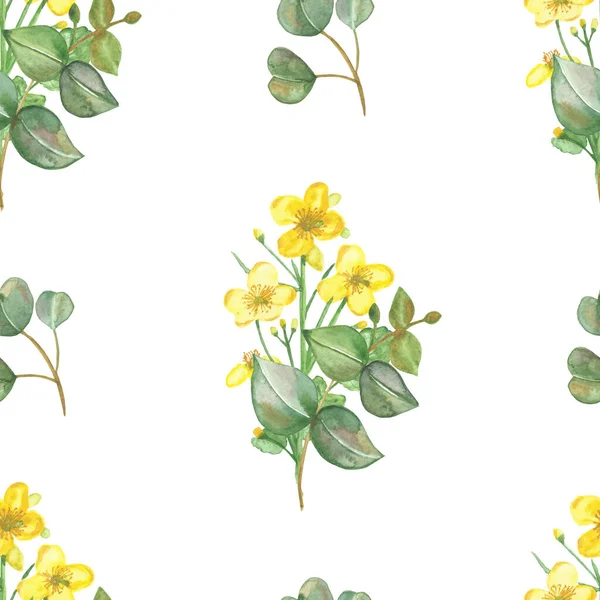 Akwarela Ręcznie Malowane Kwiatowy Ziołowy Bezszwowy Wzór Żółtym Kwiatem Wiśni — Zdjęcie stockowe