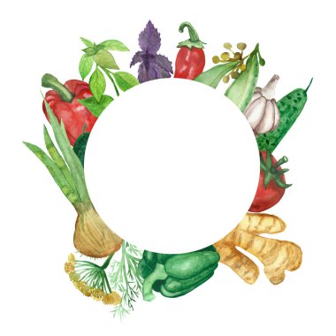 Suluboya el yapımı, yeşil salatalık, dolma biber, maydanoz, bezelye, defne yaprağı, fesleğen, dereotu kırmızı biber, domates, zencefil ve sarımsaklı sebze ve baharatla sağlıklı yiyecek çerçevesi.