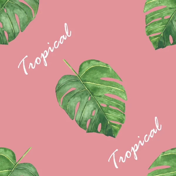 Watercolor hand painted nature greenery tropical seamless pattern with green palm leaves and tropical title text isolated on the bright pink color, trendy print for design elements