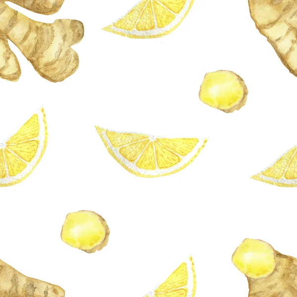 水彩手描きの自然健康的なシームレスなパターンと黄色の柑橘系レモンフルーツ 茶色の生姜の根と白の背景に隔離されたスライス デザインのためのトレンディーな印刷 — ストック写真