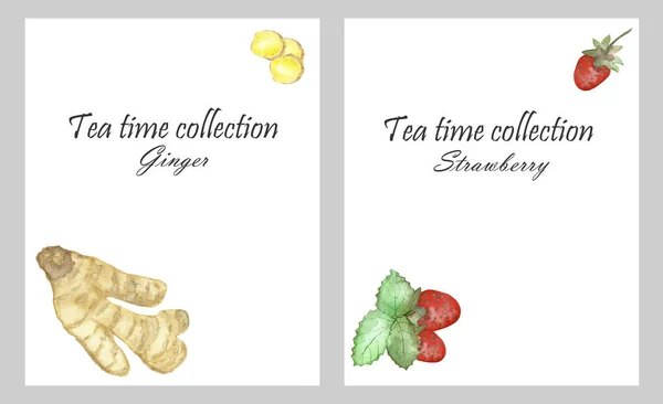 Watercolor hand painted nature herbal fruit drink two frame set with yellow ginger root, slices and red wild strawberry with green leaves cards with tea time collection text on the white background