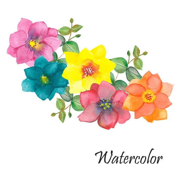 Aquarel Hand Geschilderd Natuur Bloemen Compositie Met Roze Blauw Geel — Stockfoto