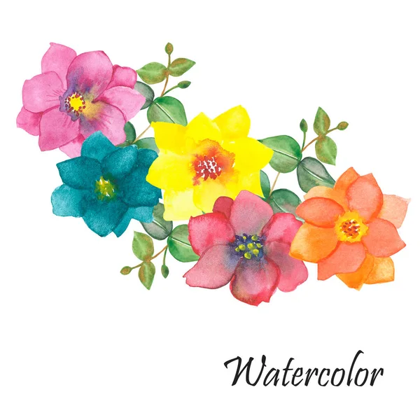 Watercolor hand painted nature floral composition with pink, blue, yellow, red and orange blossom flowers and green eucalyptus leaves on branch bouquet on the white background with text for design