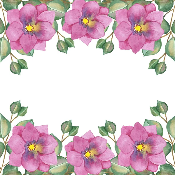 Watercolor Hand Painted Nature Floral Squared Border Frame Pink Blossom — Stock Photo, Image