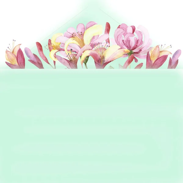 Aquarel Hand Geschilderd Natuur Bloemencompositie Met Roze Bloesem Bloemen Boeket — Stockfoto