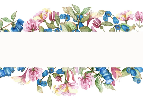 水彩画手绘自然花草旗构图 白色背景上有粉红色的花 蓝莓和绿叶花束 用于请柬和问候语 — 图库照片