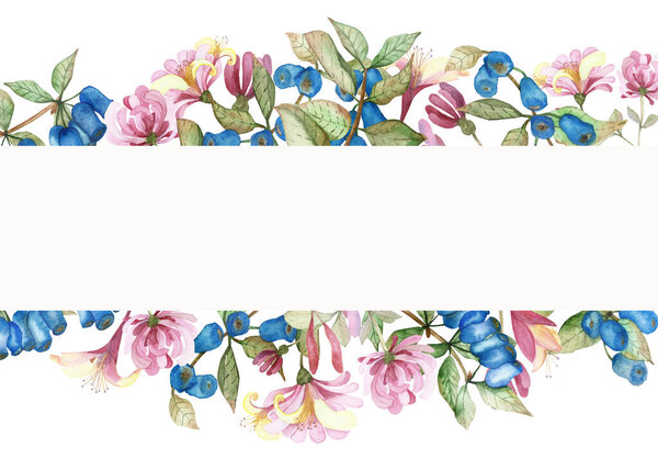 Watercolor hand painted nature floral herbal banner composition with pink blossom honeysuckle flowers, blue berries and green leaves bouquet on the white background for invite and greeting cards