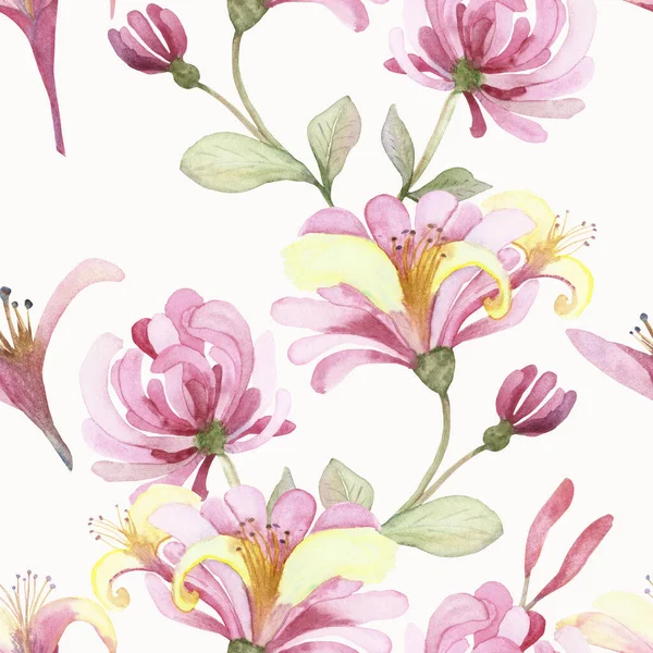 Watercolor hand painted nature floral meadow seamless pattern with pink blossom honeysuckle flowers and green leaves on branches isolated on the white background, garden print for design elements
