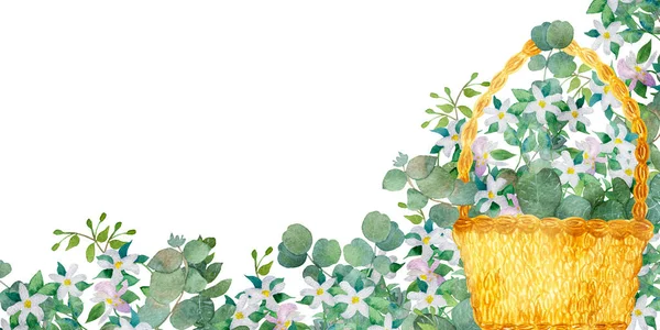 水彩手描きの自然花の組成は 枝に緑ユーカリの葉 テキストのためのスペースを持つ白い背景に黄色のわらウィッカーバスケットに白いBergamot花 — ストック写真