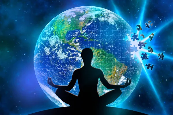 Female Yoga Figure Space Background Planet Earth Made Jigsaw Puzzle — Stock Photo, Image