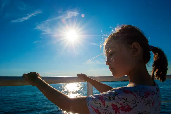 Little Girl Watching Sunset Boat Croatia Rab Island — Stock Photo, Image