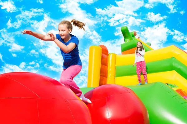 Happy Little Girls Having Lots Fun While Jumping Ball Ball — Stock Photo, Image