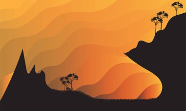 Sis ve ormanla kaplı güzel karanlık dağ manzarasının vektör çizimi. Dağlarda gün doğumu ve gün batımı