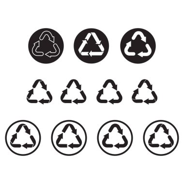 Geri dönüşüm simgesi seti. Vektör sembollerini geri dönüştür. Beyaz arkaplanda geri dönüşüm işareti izole edildi