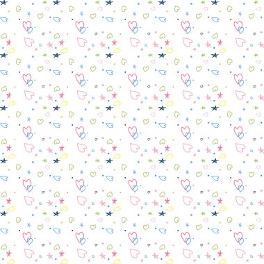 Kalpleri ve yıldızları olan el çizimi, pürüzsüz desen. Sevgililer Günü için tasarım ögeleri.