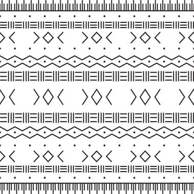 Geometrik elementlerle siyah ve beyaz kabile modeli, geleneksel Afrika çamur bezi, kabile tasarımı. kumaş veya ev duvar kağıdı tasarımı
