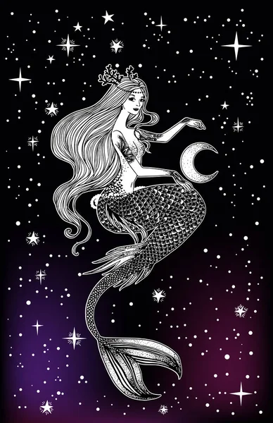 Bella sirena con la luna in mano — Vettoriale Stock