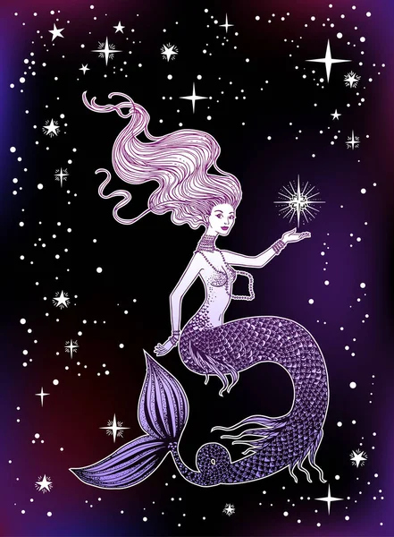 Hermosa sirena con estrella en la mano — Vector de stock