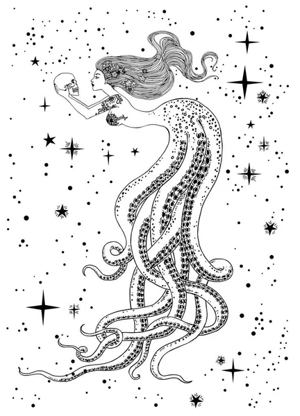 Hermosa sirena con cráneo en sus manos — Vector de stock