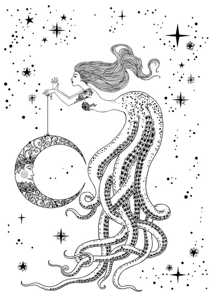 Beautiful mermaid with moon in her hand — Stock Vector