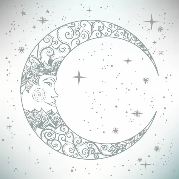 Винтажный ручной рисунок лица луны — стоковый вектор