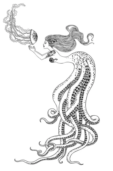 Hermosa sirena con medusas en sus manos — Vector de stock