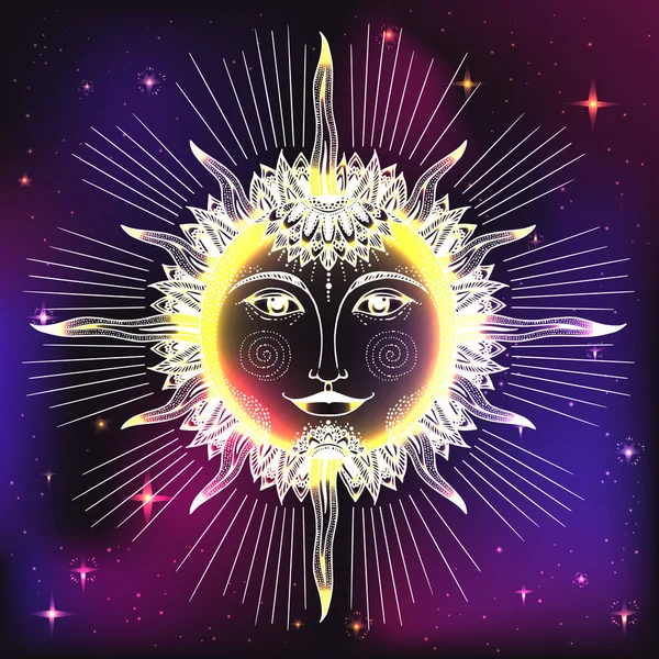 ヴィンテージ手描き太陽の顔 — ストックベクタ