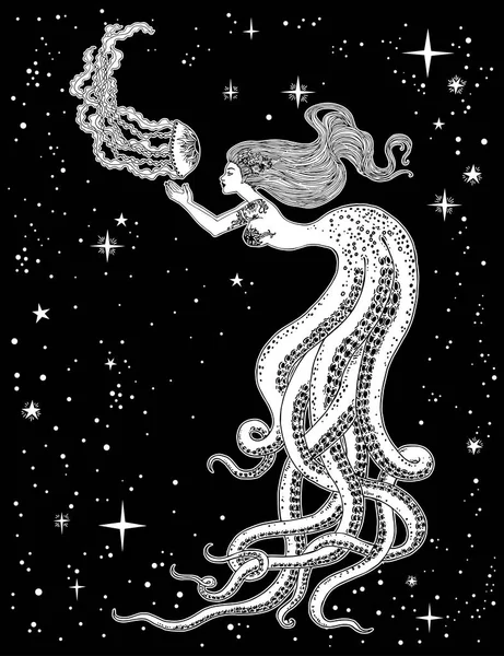 Belle sirène avec des méduses dans ses mains — Image vectorielle