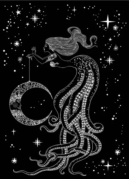 Hermosa sirena con luna en la mano — Vector de stock