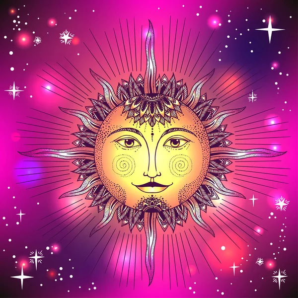 Винтажный ручной рисунок лица солнца — стоковый вектор