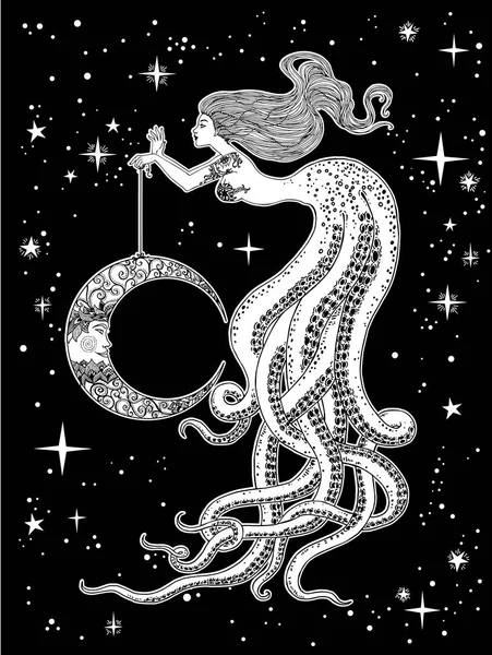 Hermosa sirena con luna en la mano — Archivo Imágenes Vectoriales