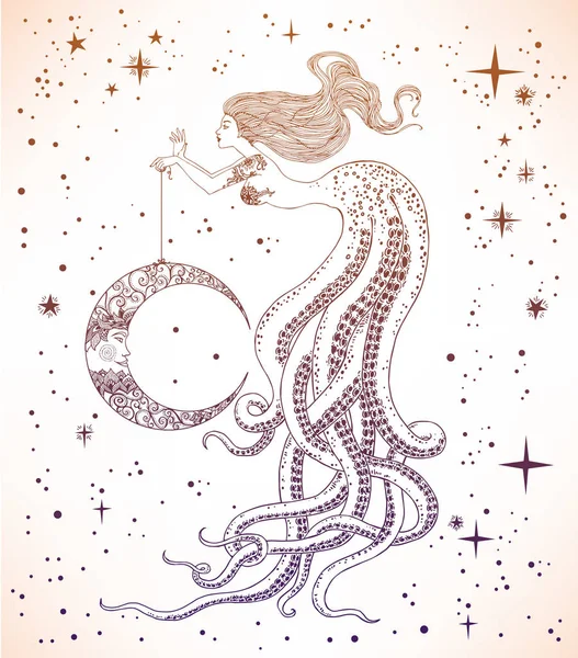 Hermosa sirena con luna en la mano — Vector de stock