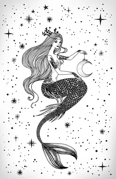 Hermosa sirena con luna en la mano — Vector de stock