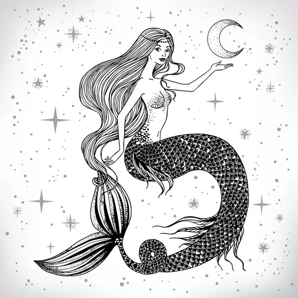 Hermosa sirena con luna en la mano — Vector de stock