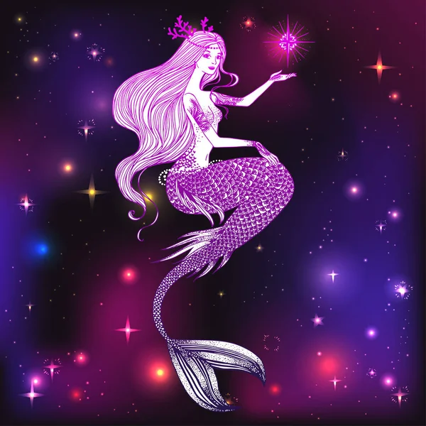 Beautiful mermaid with star in her hand — Stock Vector