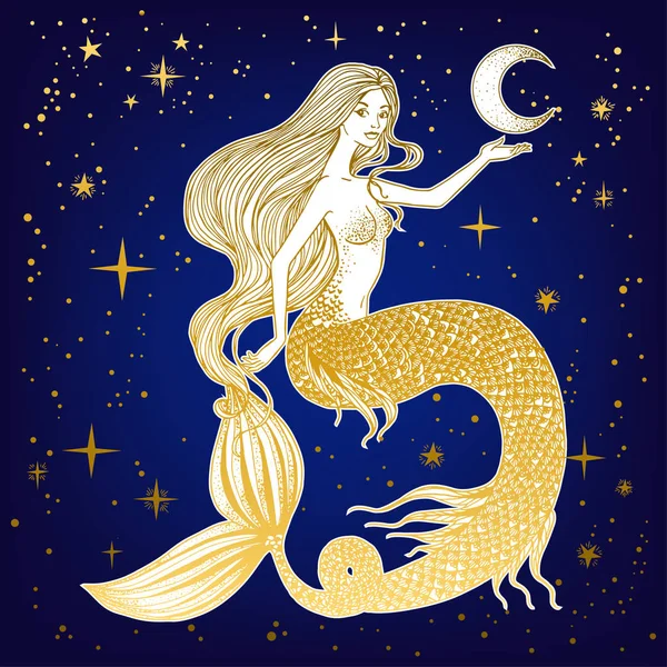 Schöne Meerjungfrau mit Mond in der Hand — Stockvektor