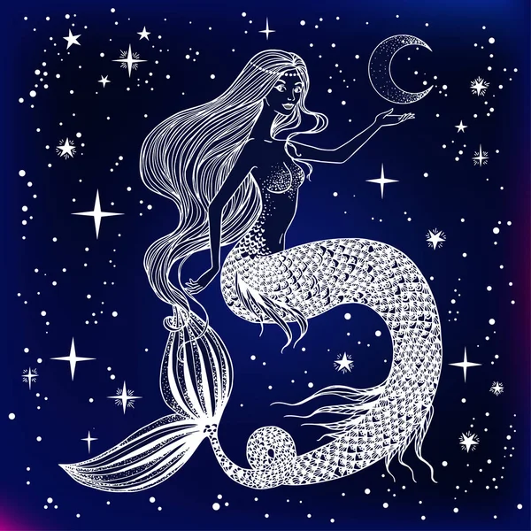 Bella sirena con la luna in mano — Vettoriale Stock