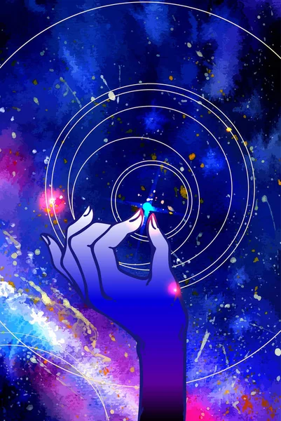 Cosmos arka plan üzerinde yıldız tutan el — Stok Vektör