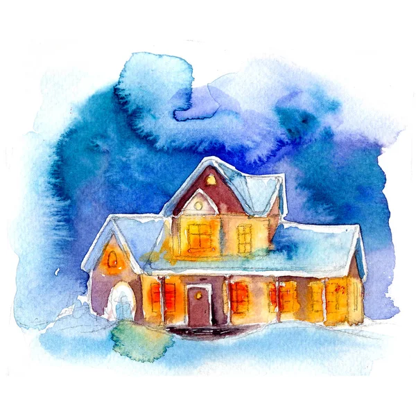 Paisaje de invierno con acogedora casa de Navidad — Foto de Stock