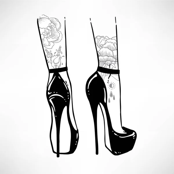 Yüksek topuklar üzerinde Mürekkeplenmiş kadın bacakları — Stok Vektör