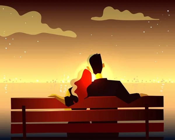 Couple sitting on bench and looking at city — Stock Vector