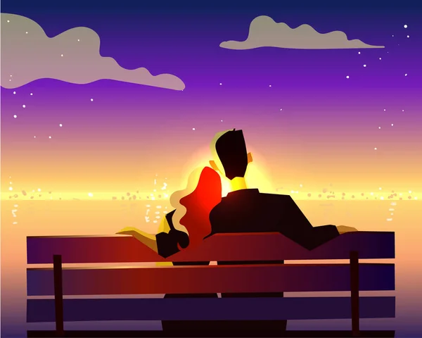 Couple sitting on bench and looking at city — Stock Vector