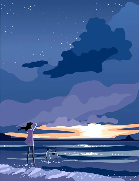 Hermosa chica mirando en la puesta del sol — Vector de stock