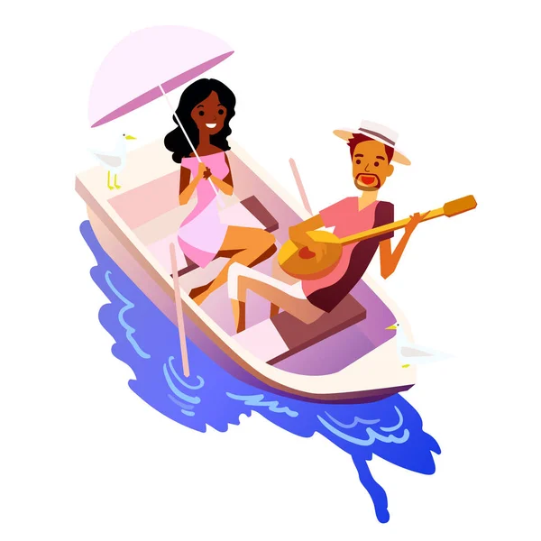 Jeune couple amoureux assis dans le bateau — Image vectorielle