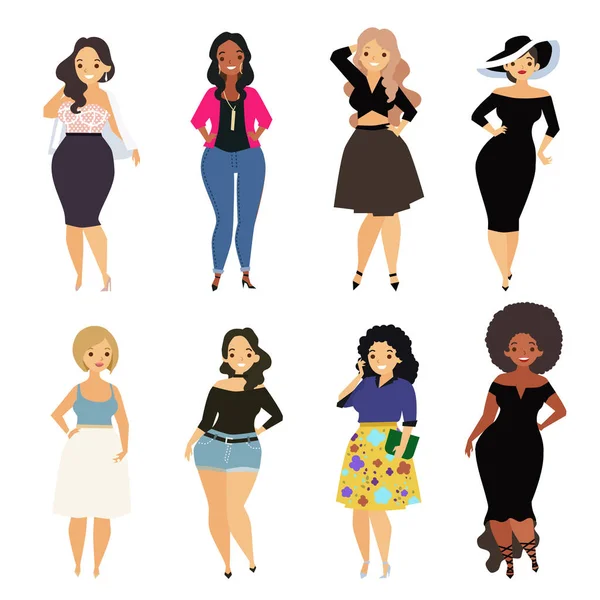 Conjunto de varias mujeres con curvas — Vector de stock